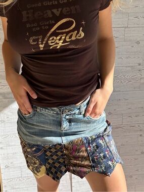 Vintage Jean Necktie Patchwork Mini Skirt Upcycled Boho 9 Y2K handmade concert